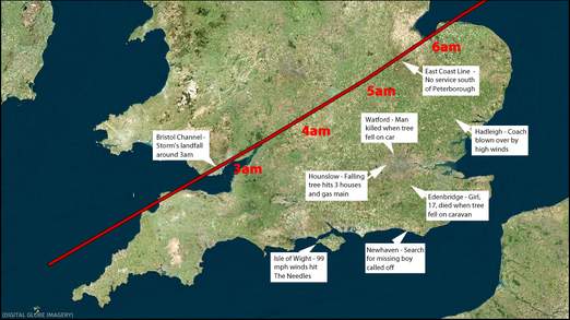 A map showing the passage of the storm's centre and trail of destruction (C) Sky News