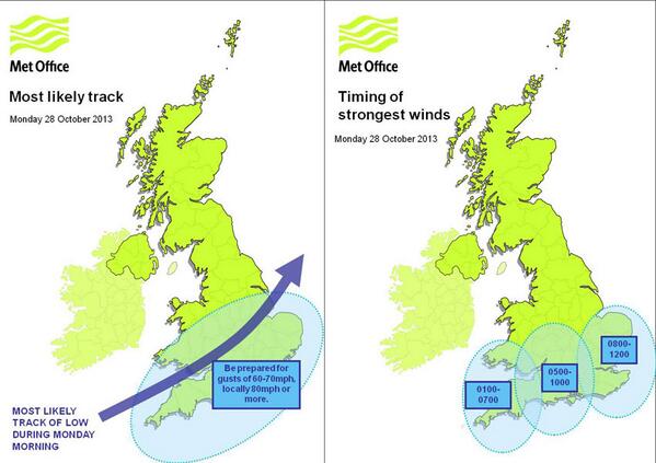 Latest predictions of the path the storm may take and the arrival times across the country (C) Met Office 