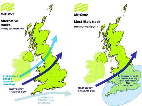 Most likely track of St Jude across Monday morning (C) Met Office