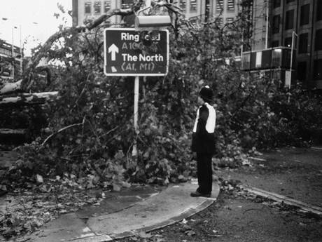 A policeman surveys the damage on a London road caused by the 1987 storm (C) The Telegraph