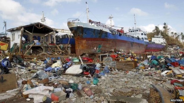 Among the hardest hit places was the city of Tacloban, where the ferocity of the storm waves swept this ship ashore. (C) BBC via Reuters News Agency