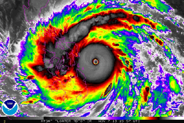 (C) NOAA - Typhoon Haiyan making landfall in the Philippines. 