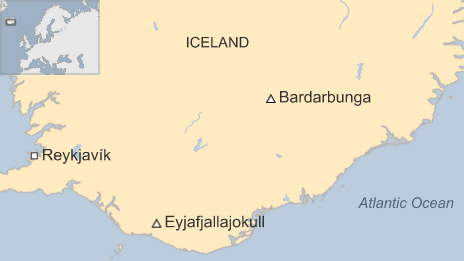 Location of the Bárðarbunga volcano in relation to the Eyjafjallajokull volcano which erupted in 2010. Image: BBC News. 